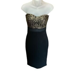 Papaya Strapless Black & Gold Bodice Lace Dress Mesh Waist Women Size Medium